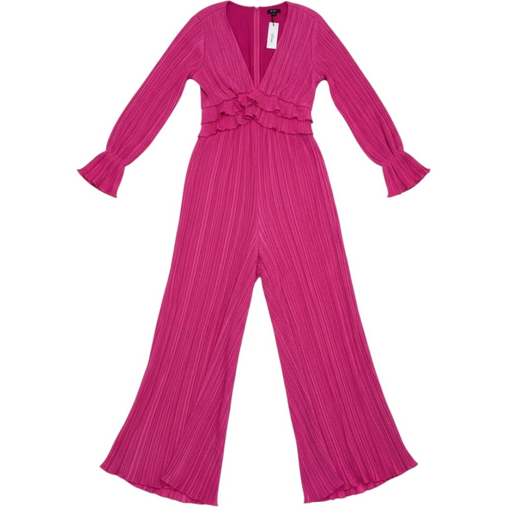 Nasty Gal Petite Pleated Chiffon Wide Leg Jumpsuit Hot Pink V-Neck Size 8 NEW - Picture 1 of 9